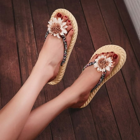 

Cathalem Women Multicolor Floral Thong Slippers Flat Floral Strap Thong Slippers Fashion Beach Flat Tie up Sandals for Women White 7