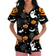 thumbnail image 4 of WTOBBY Women's Fashion Short Sleeve Halloween Printed V-Neck Top with Pocket Detail, Workwear Style for Caregiver Uniforms and Nursing Apparel, Shirt Perfect for Seasonal Costume Events,Dark Gray XL, 4 of 5