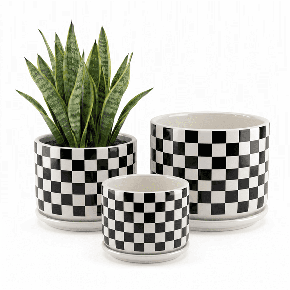 BUYMAX 4 5 6 inch Set of 3 Ceramic Planters, Black & White Checkerboard Flower Pots with Drainage Hole