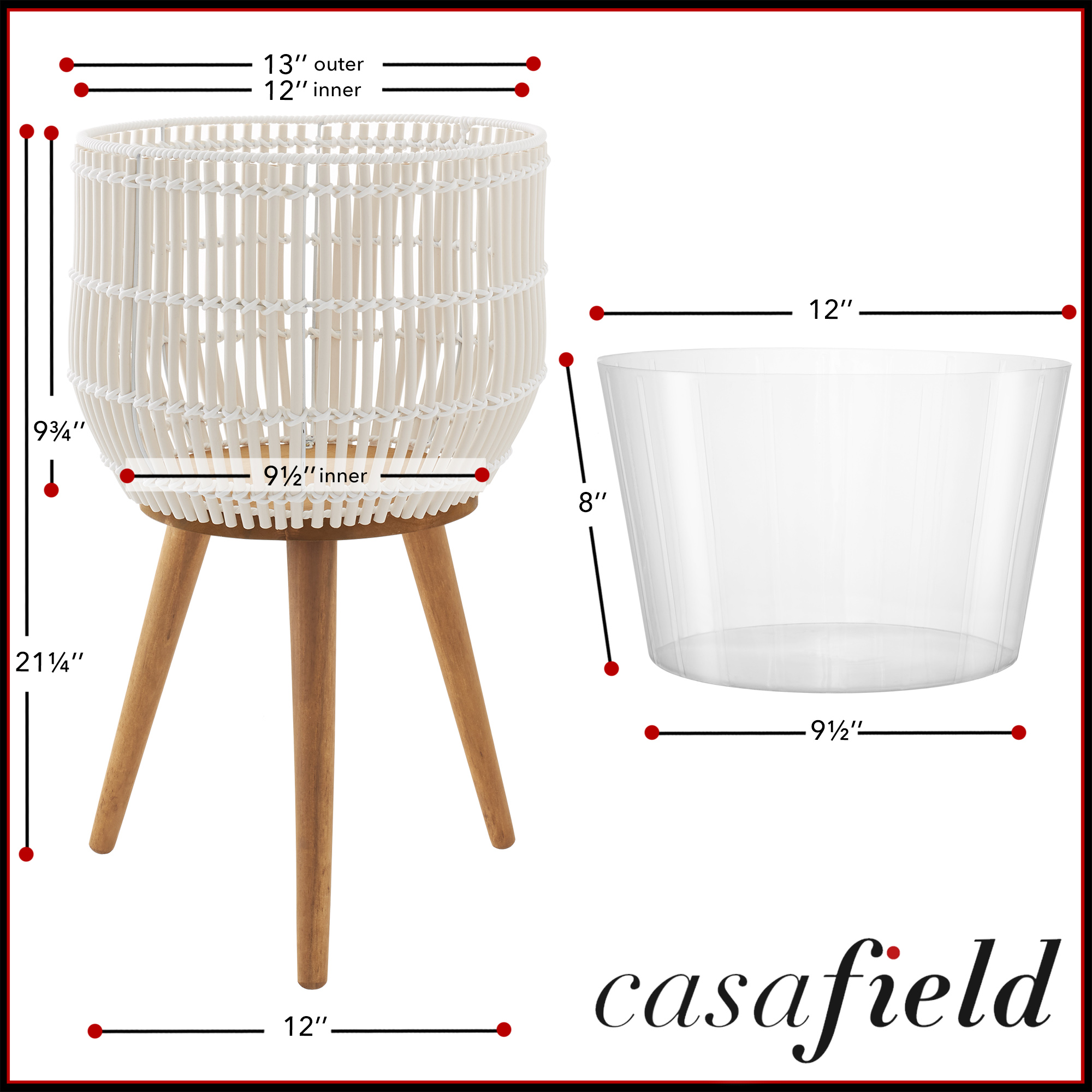 Casafield Floor Planter with Wood Legs in White, Planter Basket with Stand, Large Plant Pot Cover with Liner