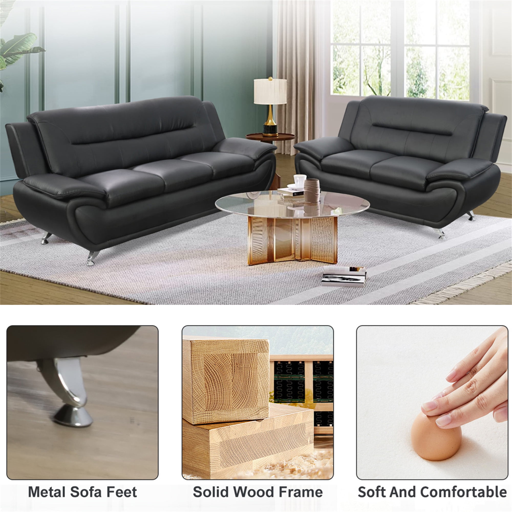 Aukfa 3 Piece Sofa Set - 46" Wide Upholstered Sofa Couch Armchair, Leather, Black
