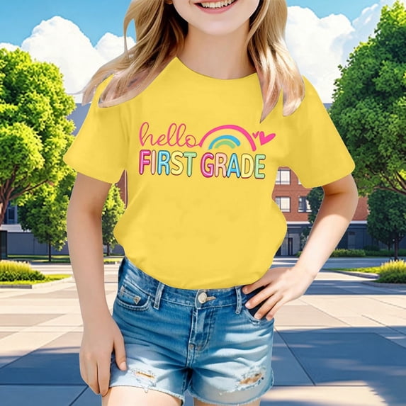 CAIXIA First Day Of School Shirt Boys Girl Happy Kindergarten 1st Grade Cotton T-Shirt Back To School Shirts for Teens Kids Graphic Short Sleeve Funny Print Basic Tee Top Little Kids Casual Clothes