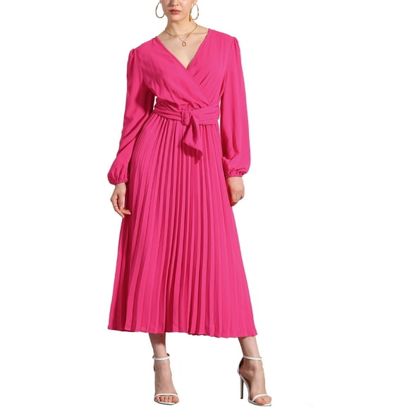 INSPIRE CHIC Vestido Elegante Plisado para Mujer con Cuello en V Cruzado, Manga Abullonada, Cintura con Cinta, Vestidos A-Line 2XL Rosa Fucsia