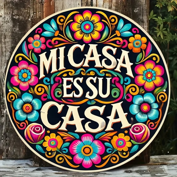 HELLOYOUNG Vintage Metal Tin Sign 8x8 Inch Retro Wall Art, Round Mexican Style "Mi Casa Es Su Casa" Home Decor, Floral Design Durable Rustic Tin Sign for Kitchen Bar Garage