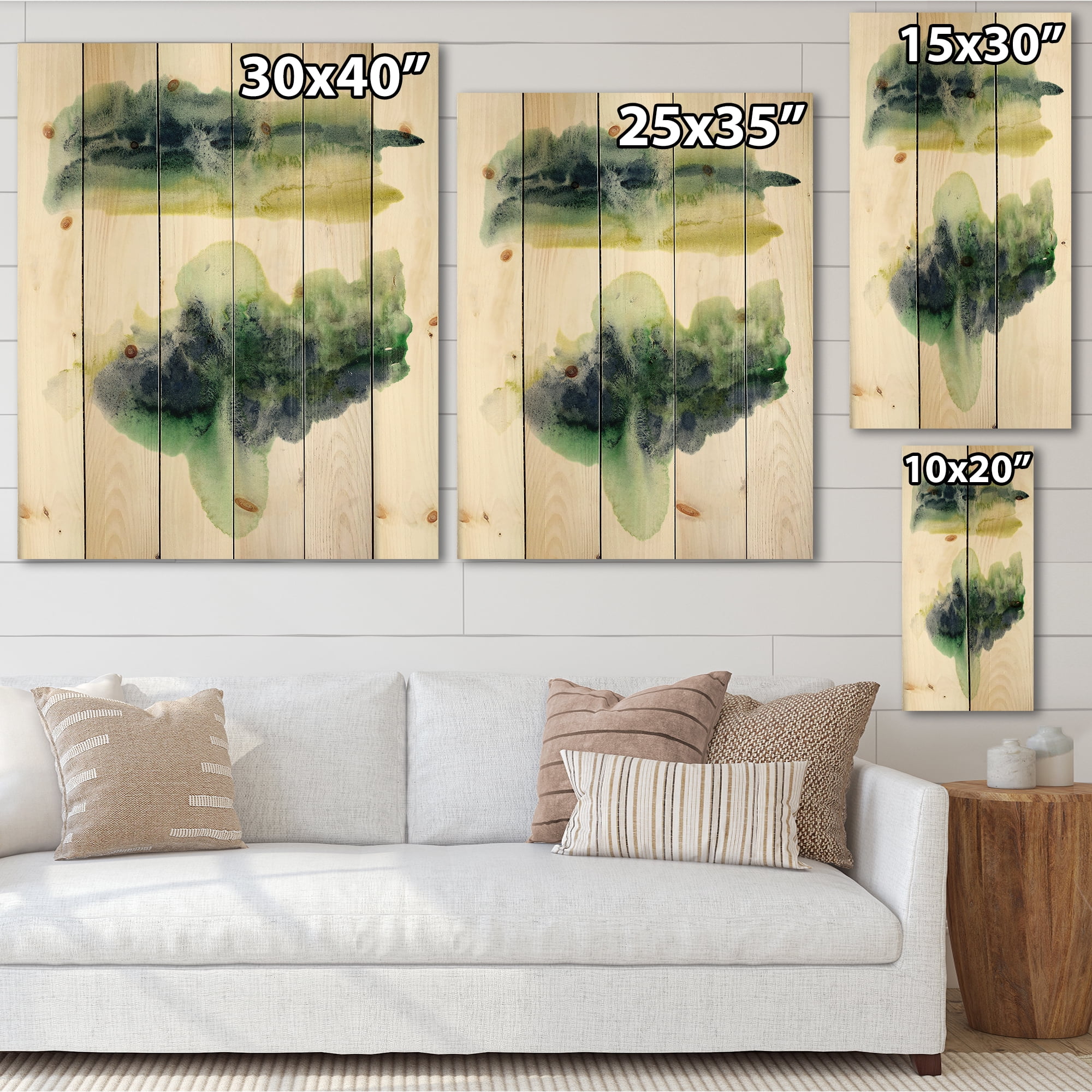 Designart 'Golden Green Abstract Clouds IV' Modern Print on Natural Pine Wood