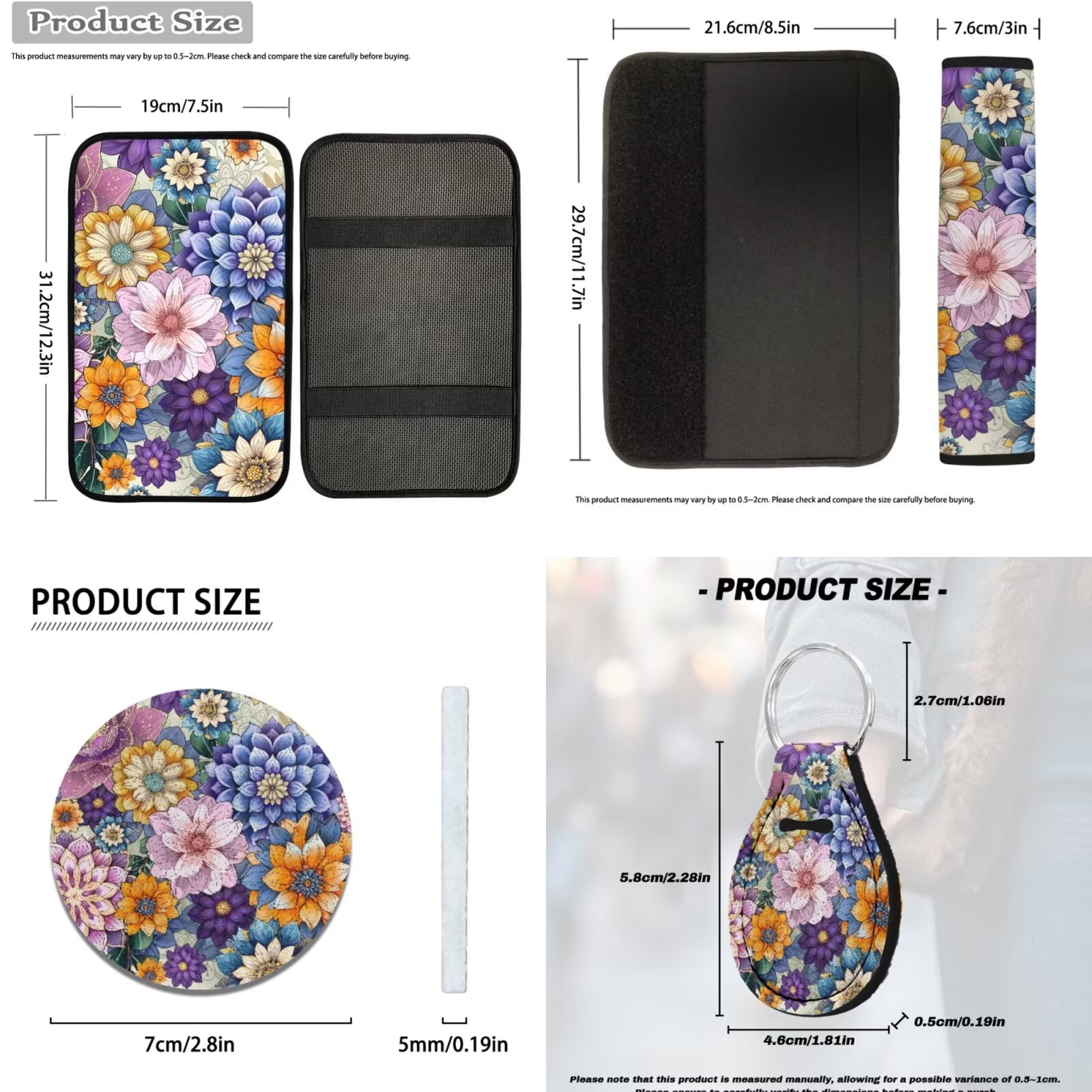 HUIACONG Floral Car Seat Covers Full Set for Women Boho Car Accessories Steering Wheel Cover Seatbelt Covers Coasters Armrest Covers Headrest Covers Keychain,14 Pcs,Universal Fit