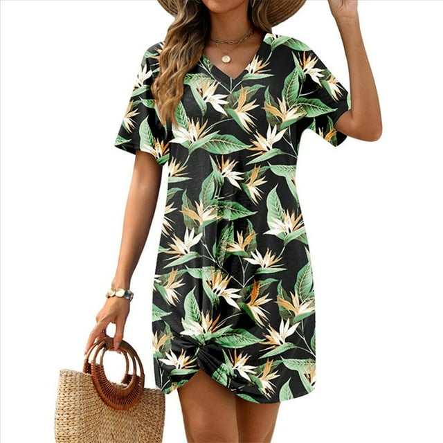 Vestido de Verano para Mujer, con Escote en V, Corta y Lateral, Color Hoja Negra, Talla L