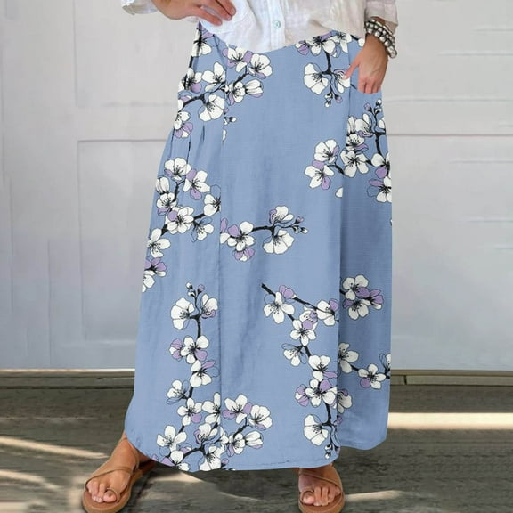 WXLWZYWL Women Flowy Maxi Skirt Floral Print Fall Casual Boho High Elatic Waist Loose Long Skirt with Pockets