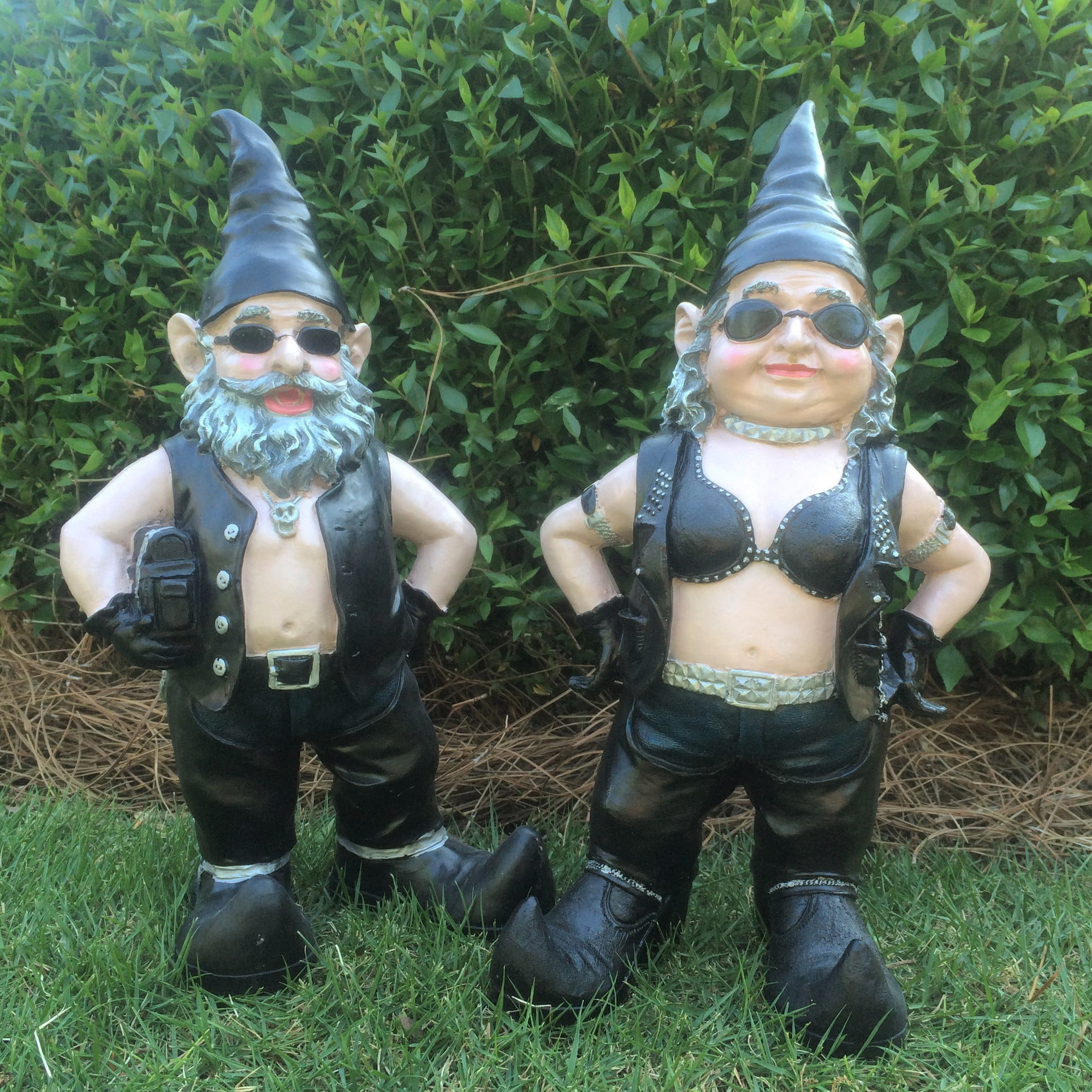 Homestyles "Biker Dude & Babe" the 14.5"H Biker Gnome in Leather Motorcycle Riding Gear Large Outdoor Garden Statue