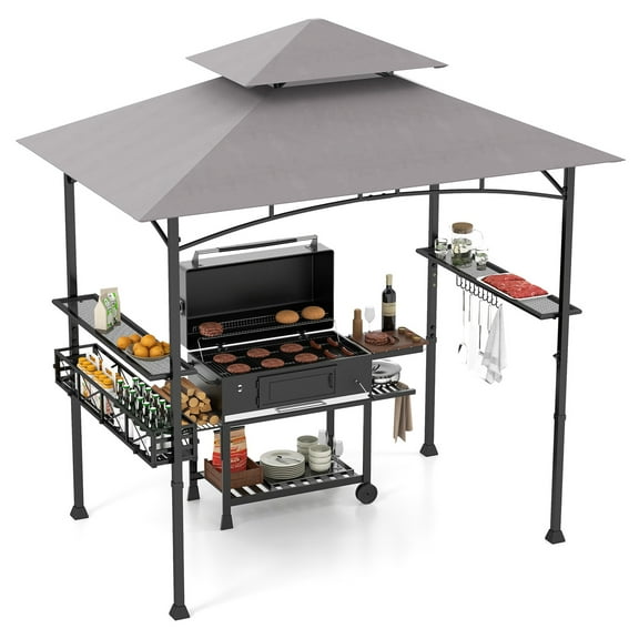 Gymax 8 x 5 FT BBQ Grill Gazebo w/ 2 Side Shelves Storage Basket Hanging Hooks Outdoor