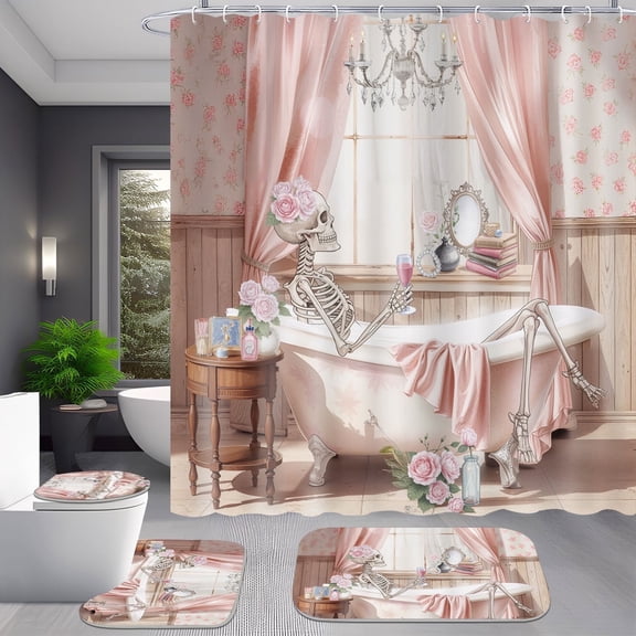 4pcs Pink Gothic Skull in Bathtub Halloween Shower Curtain Set with Hooks
