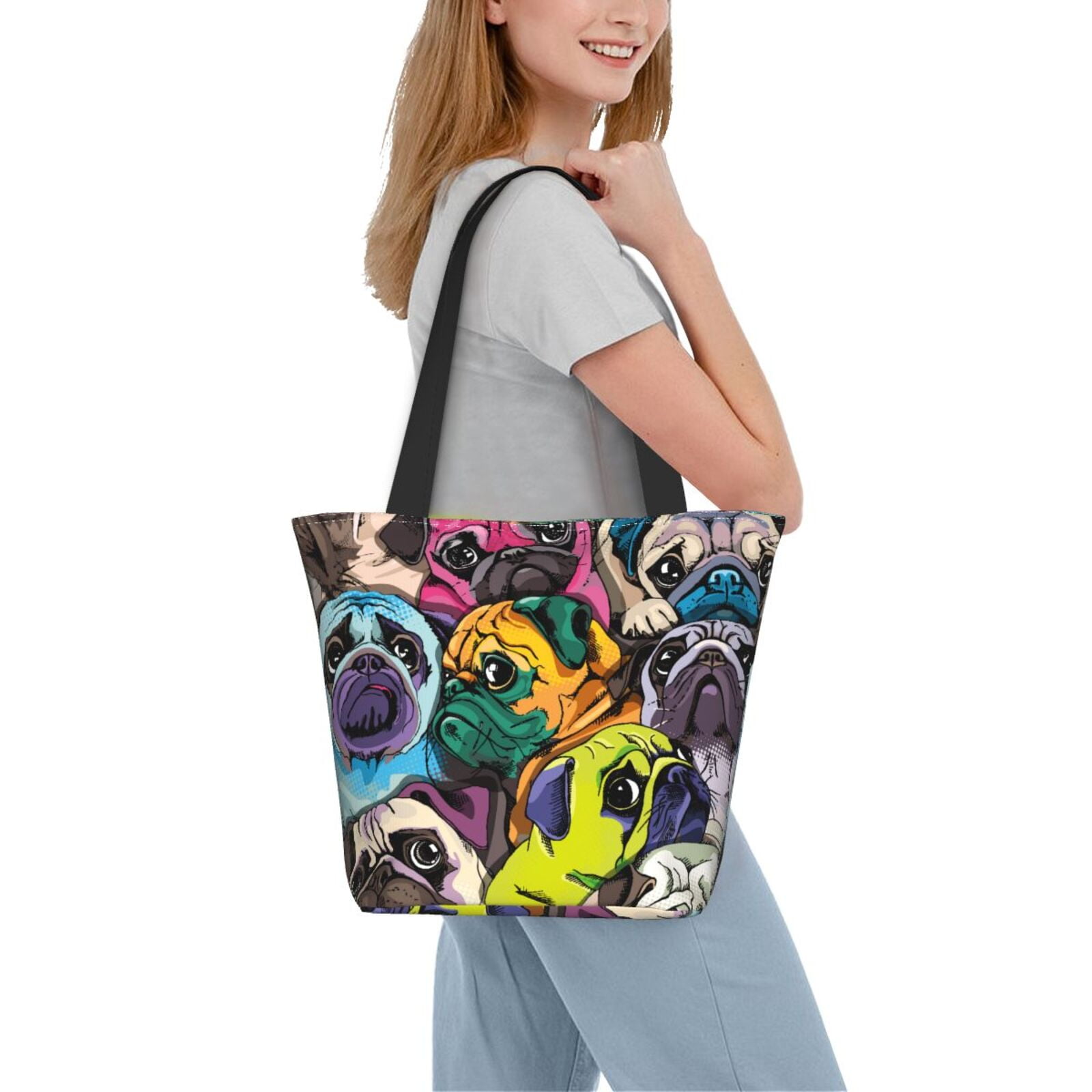 Ratiio Colorful Pug Print Shoulder Bag for Women, Polyester Crossbody Purse Lightweight Handbag for Daily Travel and Casual Use