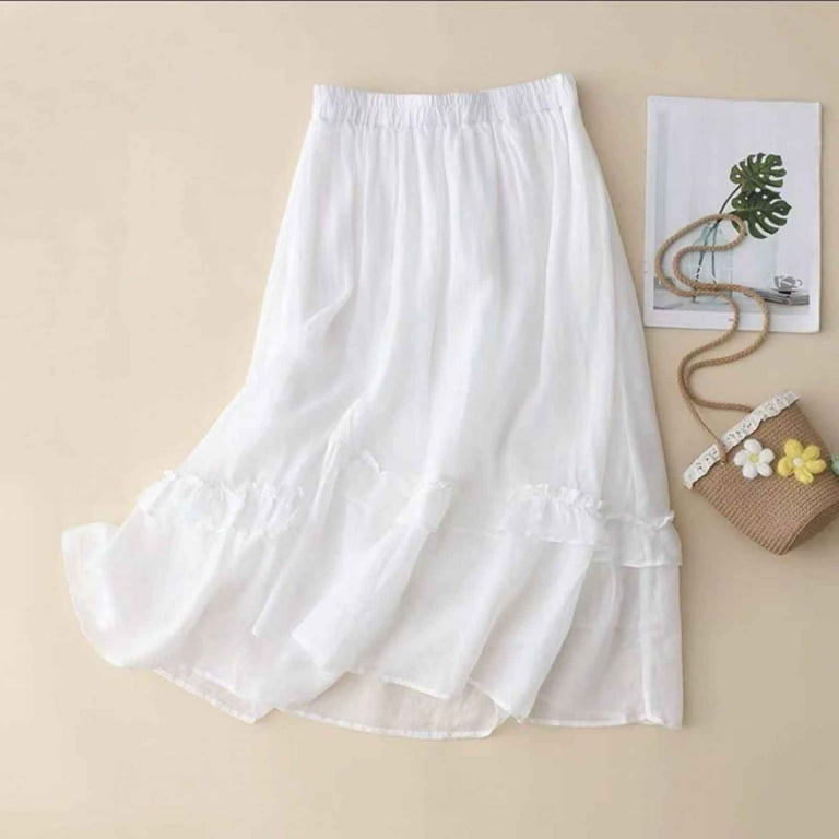 New Summer Arrivals SMihono Womens Cotton Elastic Waist Midi Skirt Comfy Lightweight Pleated Skirts Ladies Summer Linen Solid A Line Beach Vacation