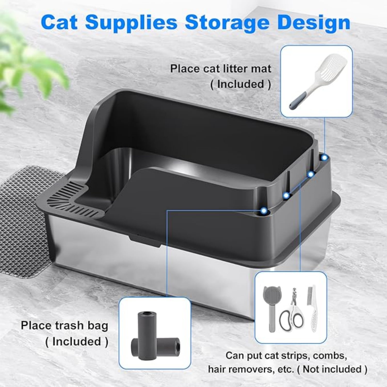 Non-stick Stainless Steel Litter Box, XL Side Opening Splash-Proof & Leak-Proof Seamless Seal, Large Capacity, Cat Litter Box with Lid for Multi-Cats, Large Cats, Easy-Clean & Durable (Gray)