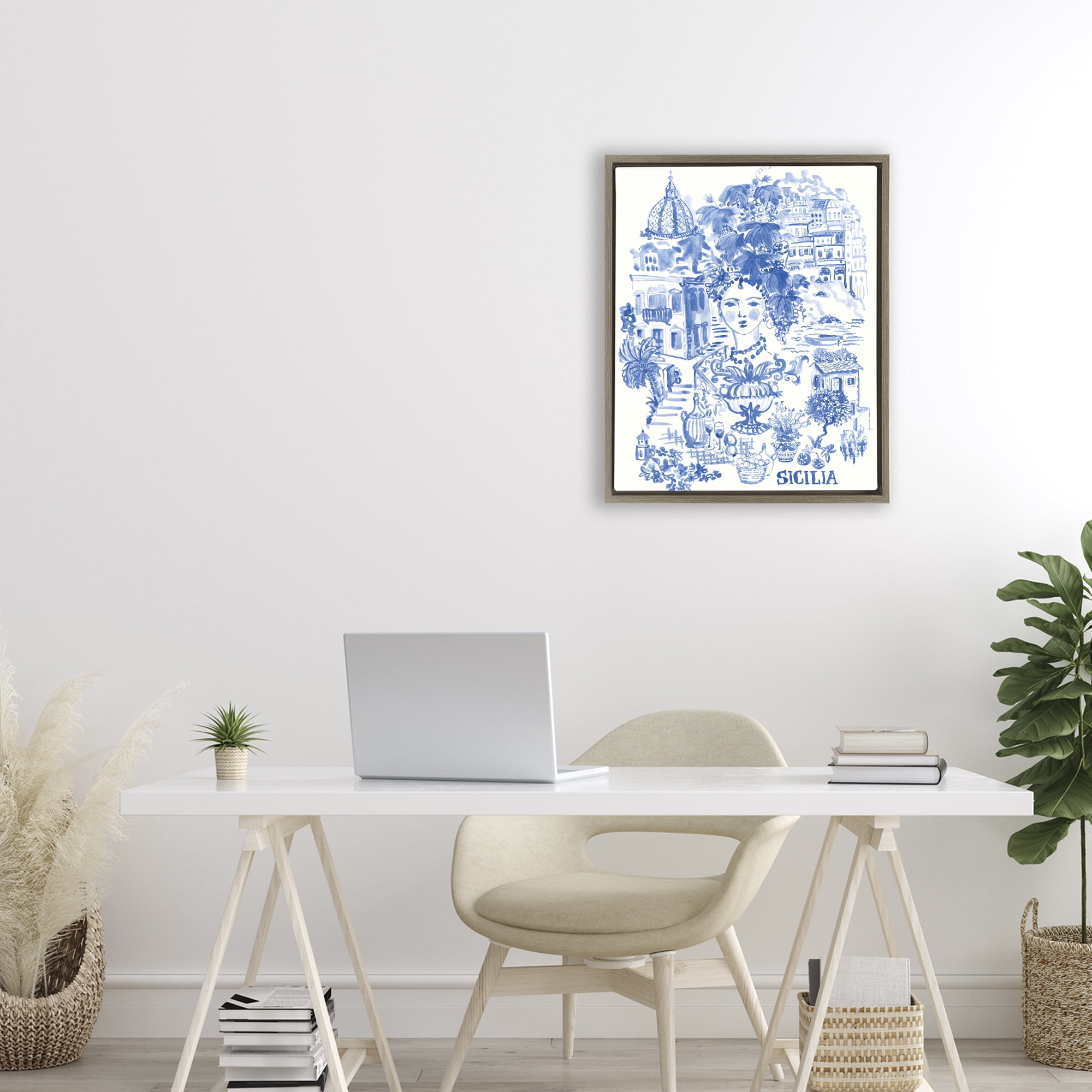 Stupell Industries Sicilia City In Blue Brown Framed Floater Canvas Wall Art, design by Karolina Sato