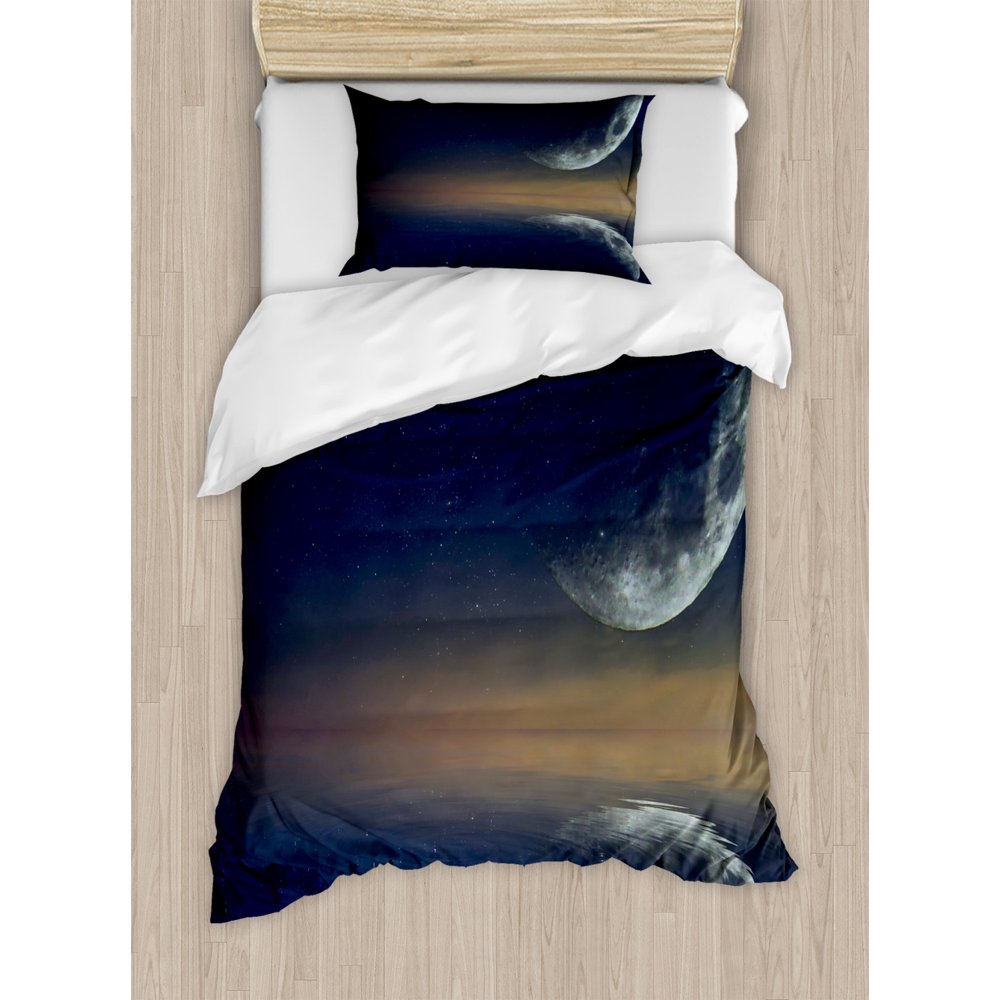Full Moon Duvet Cover Set Twin Size, Moon Reflecting on Water in