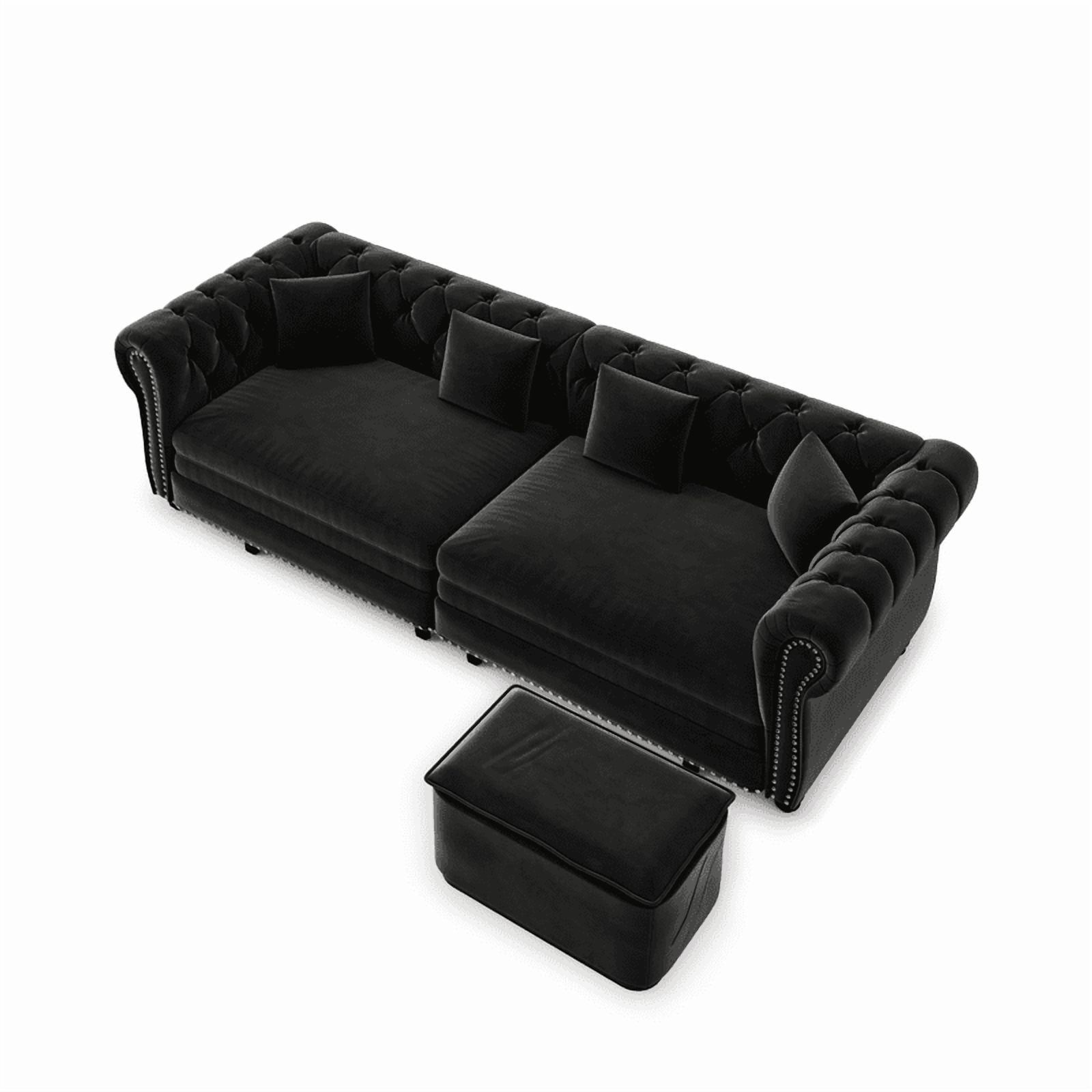 3-in-1 Pull-Out Sofa Bed, 89'' Chesterfield Sofa, Convertible Sleeper Sofa Bed, King Size Sofa Bed, Chaise Lounge, Tufted Design Velvet 3-Seater Sofa with Movable Ottoman