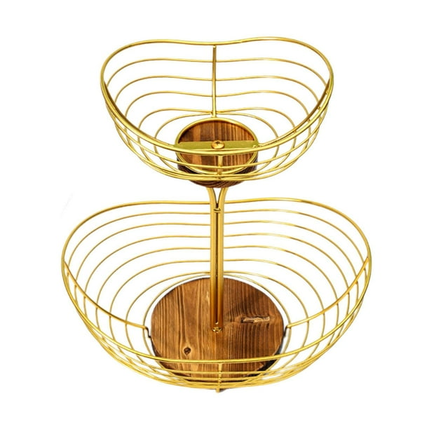 , frutero, frutero decorativo de alambre de metal con base de madera, frutero de 2 niveles, soporte para cápsulas de café para