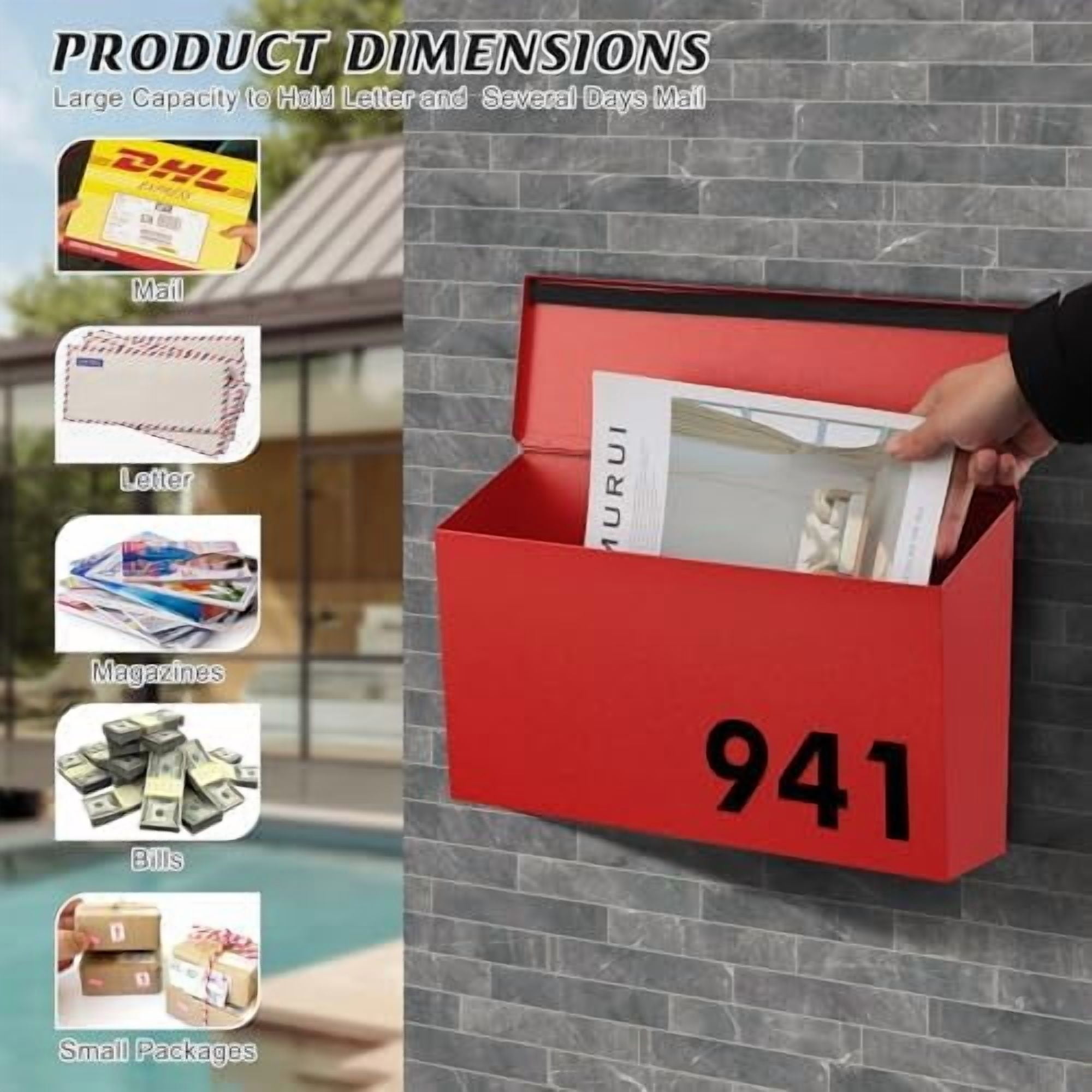 Wall-Mount Mailbox, Large Capacity Mail Box, Galvanized Steel Rust-Proof Metal Post Box, Mailboxes for Outside,15.7"x9.9"x4.9" Red