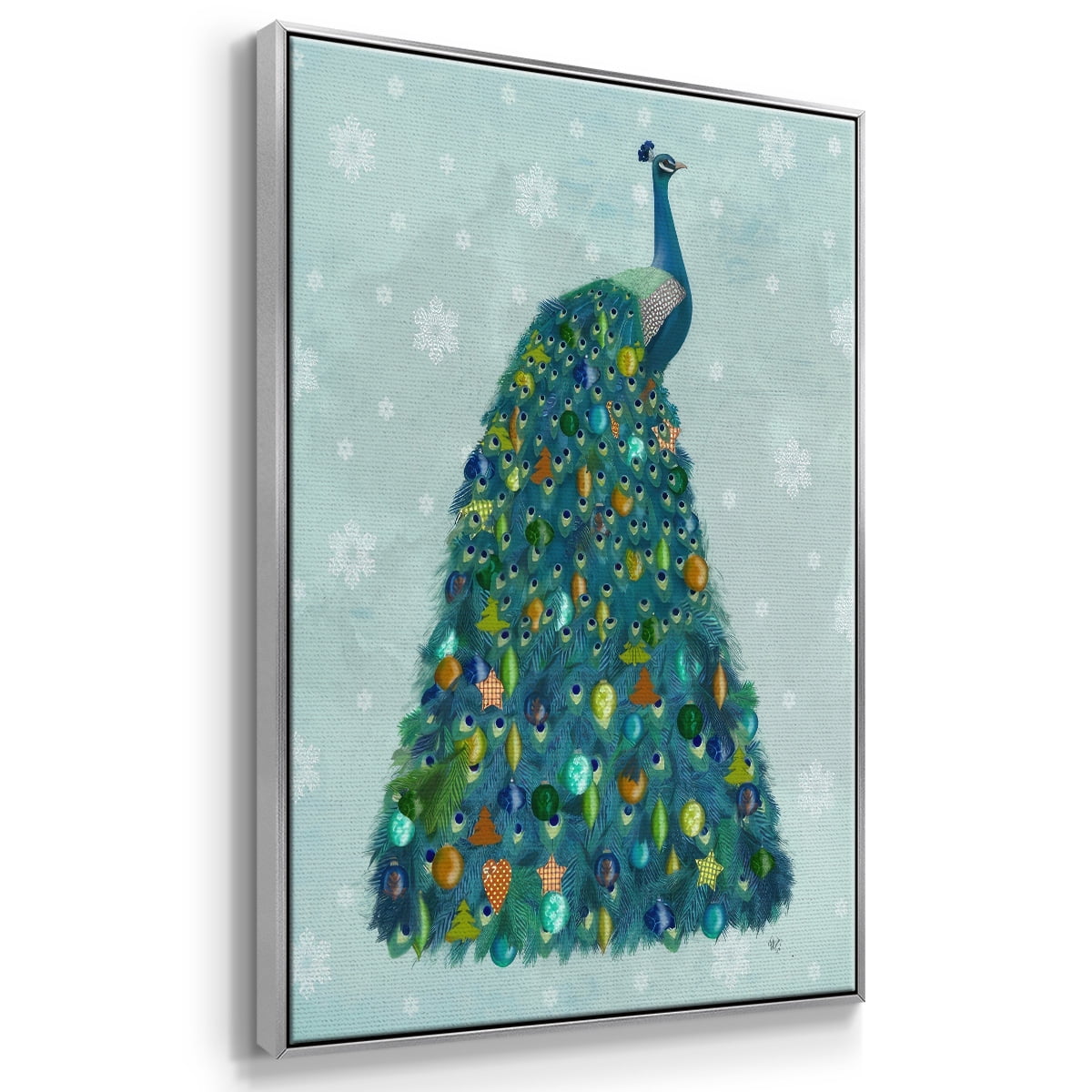 Christmas Peacock Christmas Tree - Framed Gallery Wrapped Holiday Canvas - 17 x 25 - Silver Frame