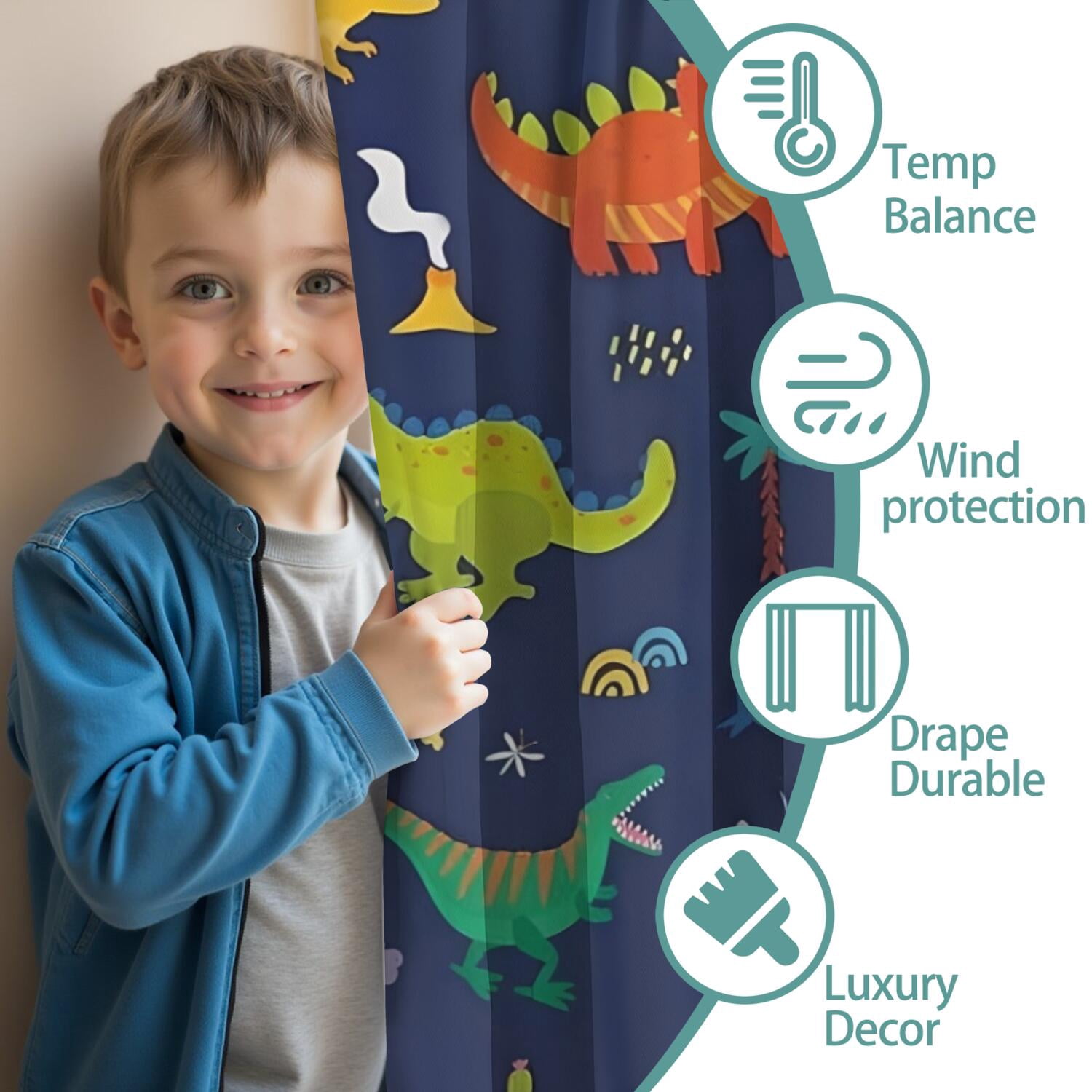 Dino Curtains for Boys Room, Kids Boys Cartoon Dinosaur Funny Colorful Safari Animals Blackout Window Drapery Treatments for Baby Kids Room Bedroom Living Room Nursery Fabric 2 Panels, 52x84 Inch
