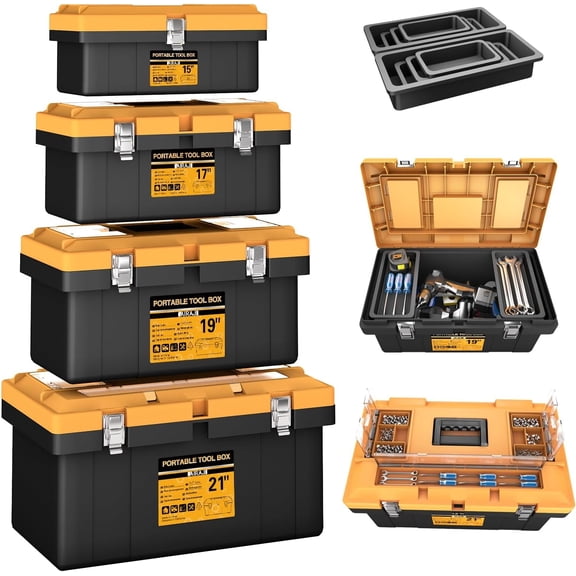 4-in-1 Tool Box Set with 8 Organizers, 15'' 17'' 19'' 21'' Lockable Portable Tool Boxes for Hand & Power Tools, Garage & Home Storage (Mini/Small/Large)