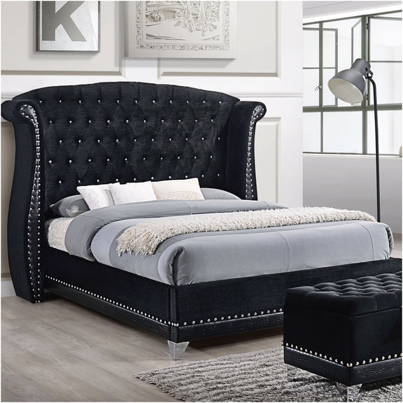 JERFIT Upholstered King Size Bed with Wingback Headboard, Black Faux Leather and Velvet, No Box Spring Needed, Modern Platform Bed Frame