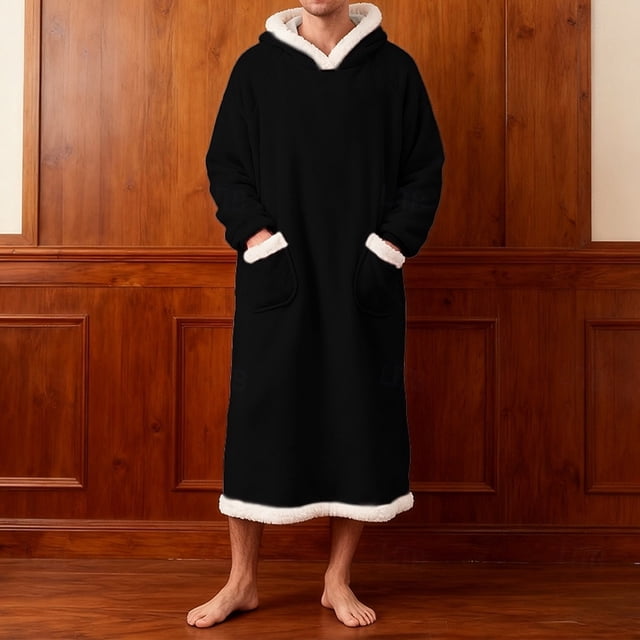Batas de hombre de forro polar sólido informal con capucha y bolsillo, jersey de manga larga, bata de baño, bata de noche, pijama de poliéster para hombre