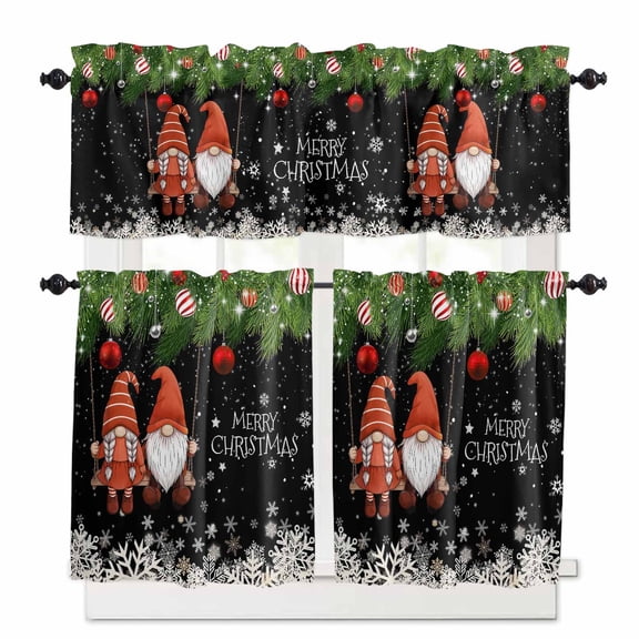 Christmas Blue Gnome Curtain Valances Set Snowflakes Xmas Trees Winter Snow Scene Kitchen Curtains 36 inch Length Rod Pocket Valance and Tiers 3 Piece Set Small Bedroom Bathroom Laundry Decor