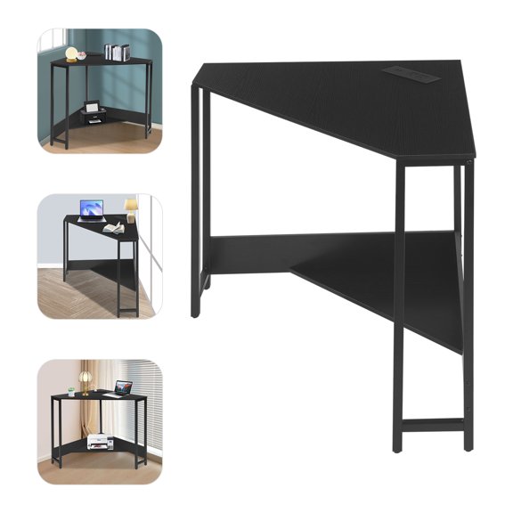 Triangular Corner Desk with Outlets, 90° Freestanding Corner Computer Desk with Storage Shelf for Home Office Dormitory Small Space