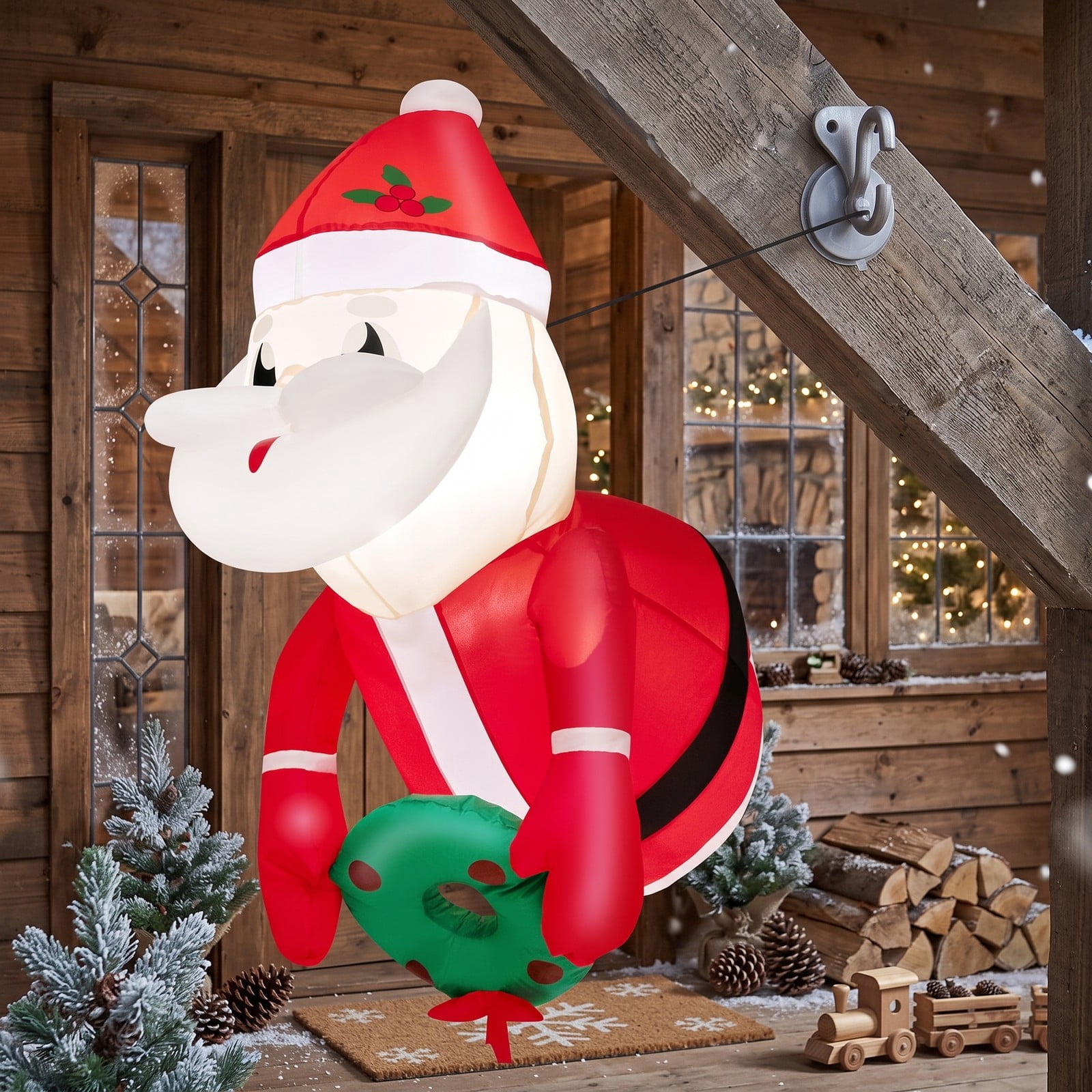 RUIE 3.3 FT Lighted Christmas Inflatable Santa Claus Broke Out from Window LED Blow Up Holiday Yard Decoration Indoor Outdoor Xmas Decor, Red