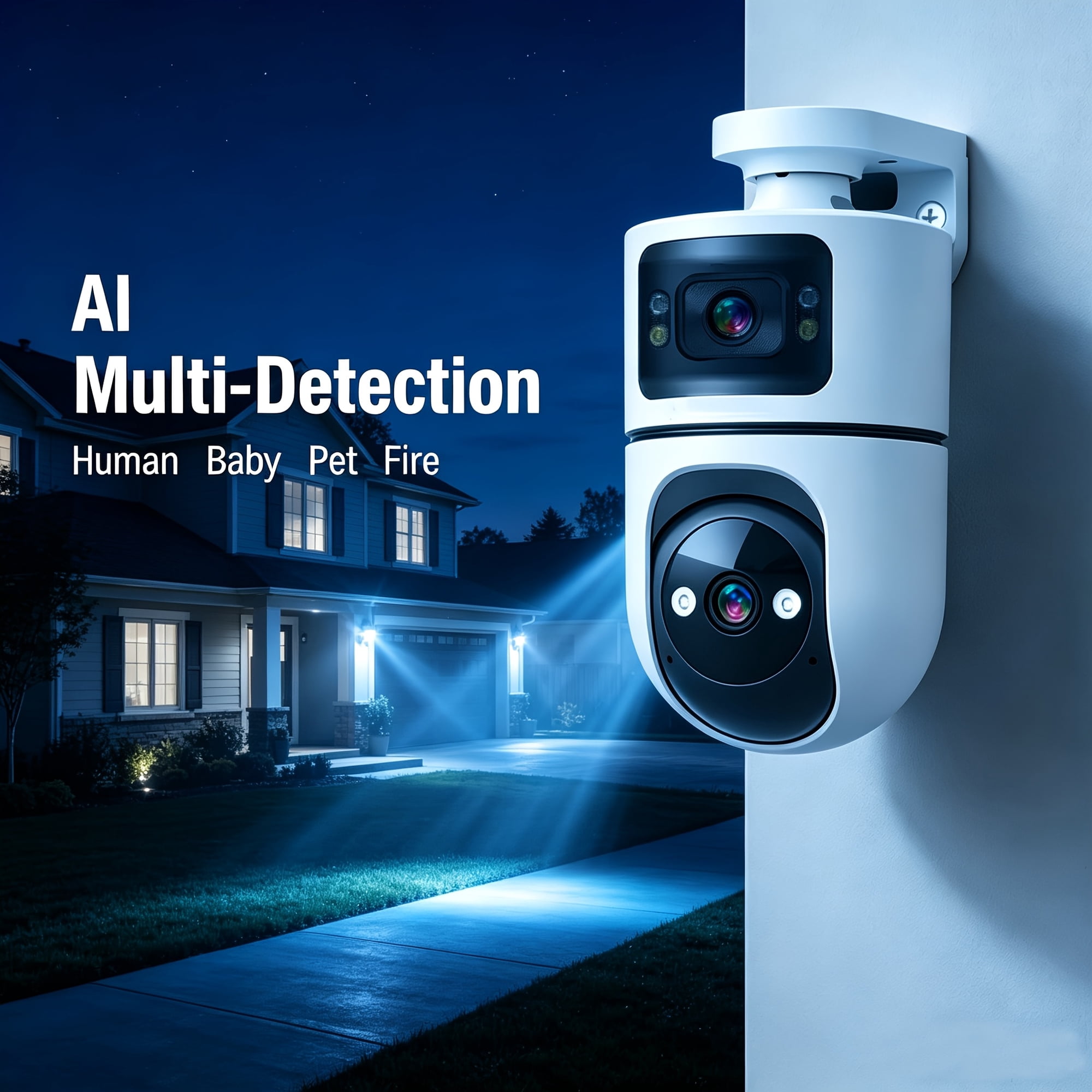 Smart Outdoor Dual-Lens Security Camera with 355° Panoramic Surveillance, No Blind Spots, Auto Tracking, and Mobile App for You and Your Family