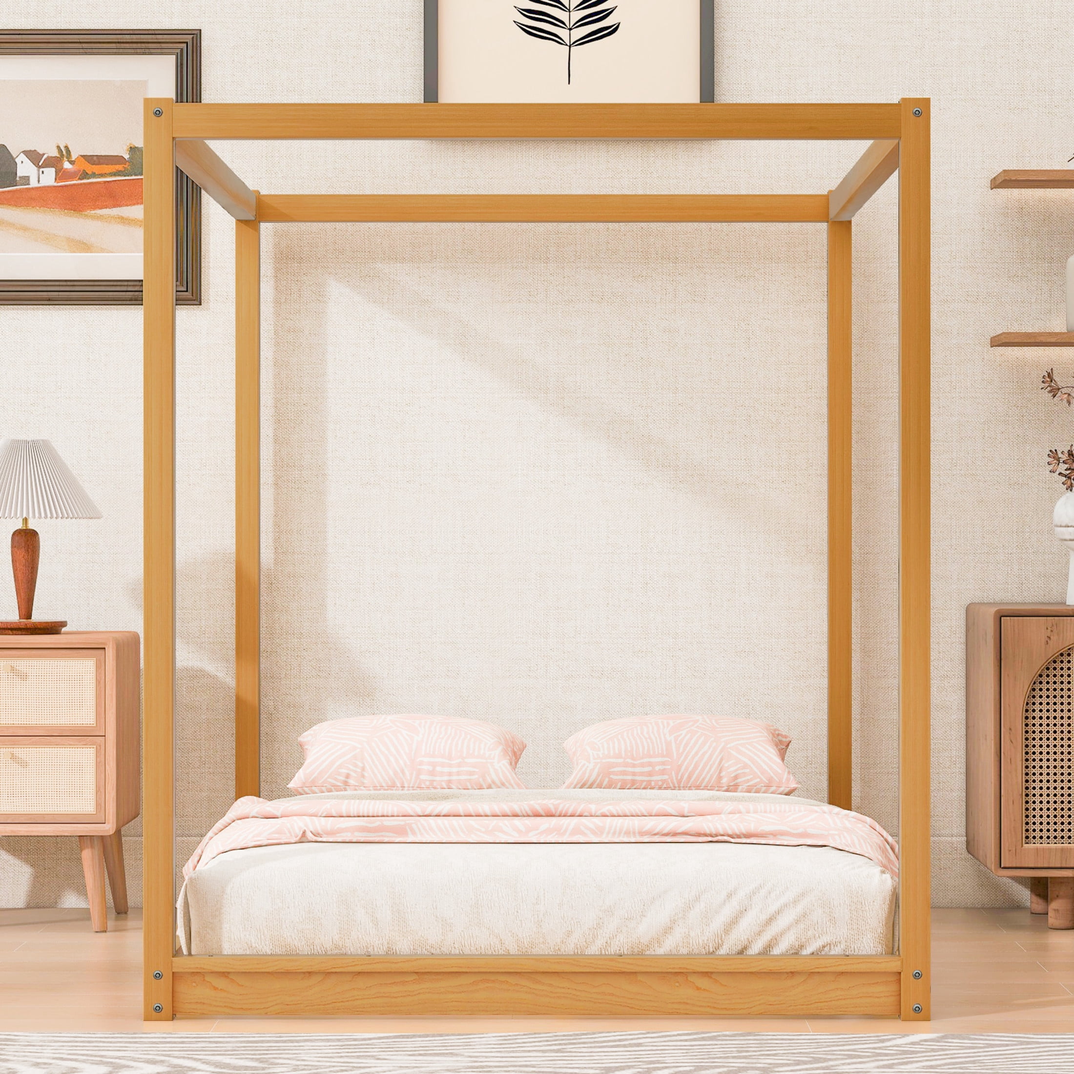 Noble House Queen Erika Canopy Platform Bed, Modern Minimalist Wood Frame with Slat Support, Support Legs, Natural