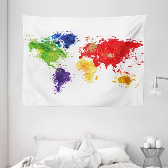 Map Decor Tapestry, Abstract Colorful World Map Illustration on White Background Print , Wall Hanging for Bedroom Living Room Dorm Decor, 80W X 60L Inches, Red Purple and Yellow, by Ambesonne