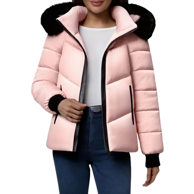 Lovzfmll Women's Winter Snow Jacket, Waterproof Zip Up Short Warm Windbreaker with Pockets Pink, M