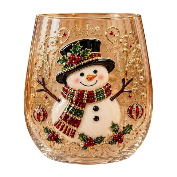 Christmas Snowman Glass Cup 15oz - 3D Printed Holiday Stemless Tumbler with Candy Cane Snowflake, Festive Drinkware for Party Decor Gift