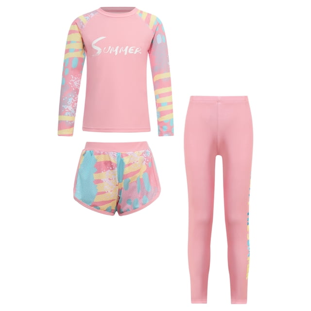 Doomiva Girls Long Sleeve Rash Tops with Swim Shorts Pants Bathing Suit UPF 50+ Rash Guard Swimsuit Pink 7-8