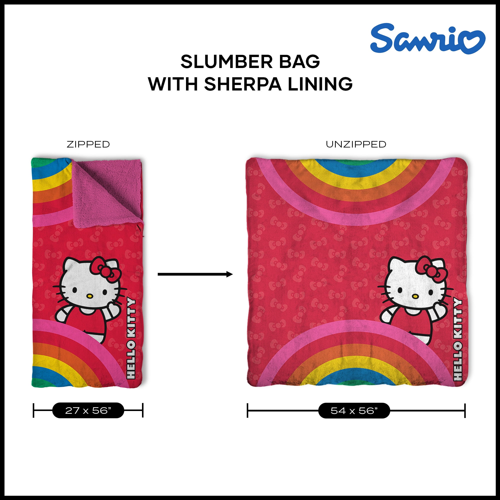 Hello Kitty Sanrio Pretty Rainbow Kids Slumber Bag, Silk Touch with Sherpa interior