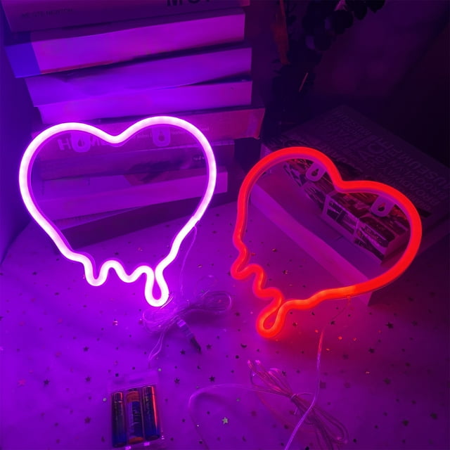 Luces de neón en forma de corazón | Cartel de neón LED alimentado por USB y pilas | Plástico Rosa Rojo | Decoración de paredes interiores y exteriores | Diseño de Corazón Fundido | 22x22,5cm | 1 pieza