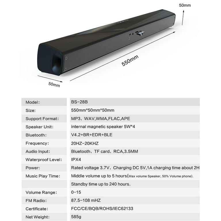 Doosl Sound Bar, 22 inch Bluetooth TV Speaker with Remote & 4 Built-in  Subwoofers, TF Play, FM Radio, Rechargeable, 20W Wireless Soundbar for TV  Home Theater & Audio, Black 