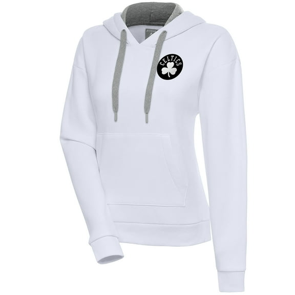 Women's Antigua  White Boston Celtics Brushed Metallic Victory Pullover Hoodie