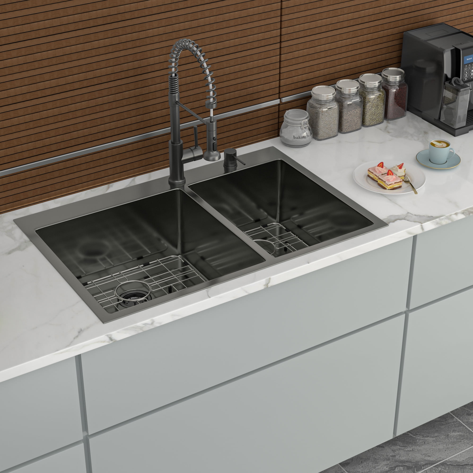 Izzovium 33"x22" Gunmetal Black Double Bowl Drop in Kitchen Sink, 16 Gauge Stainless Steel with 10" Deep Basin (60/40), Soundproof & Anti-Condensation