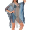 thumbnail image 4 of JGGSPWM Sheer Gradient Swimsuit Coverup, Crochet Color Block Beach Dress, Fringe Bathing Suit Vacation Outfits for Women Blue Free Size, 4 of 5