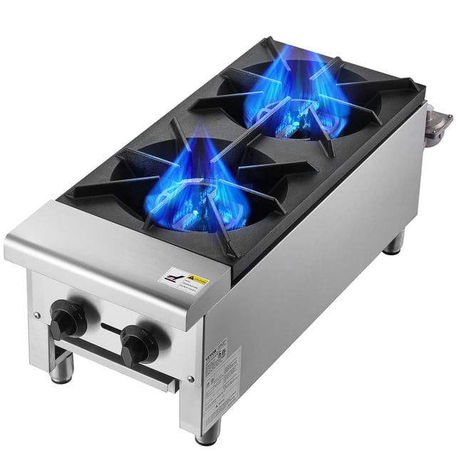 VEVOR Commercial Gas Range Stove with 2 burners, featuring a durable stainless steel countertop and ergonomic control knobs. The stove is shown with blue flames on both burners, highlighting its powerful 56,000 BTU heat output. Designed for natural gas and propane compatibility, it includes removable drip trays for easy cleaning. Ideal for commercial kitchens, restaurants, and cafeterias.