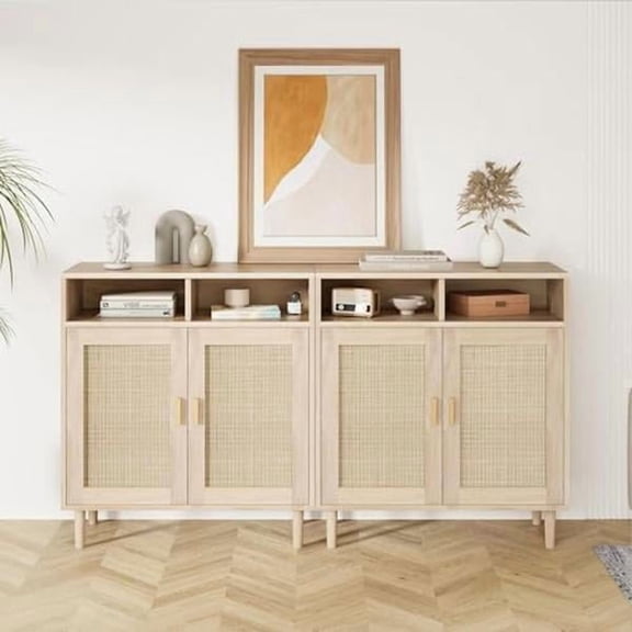 2-Pack Handwoven Rattan 2-Door Farmhouse Sideboard, Adjustable Shelf Buffet Storage Cabinet for Kitchen Dining Entryway Coffee Bar