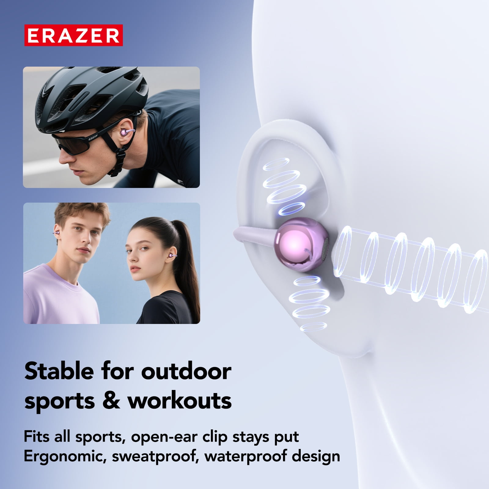 ERAZER XF36 Clip-On Wireless Earbuds, Bluetooth 5.4, 40H Playtime, IPX5 Waterproof Sports Headphones, Purple + Earbud Case