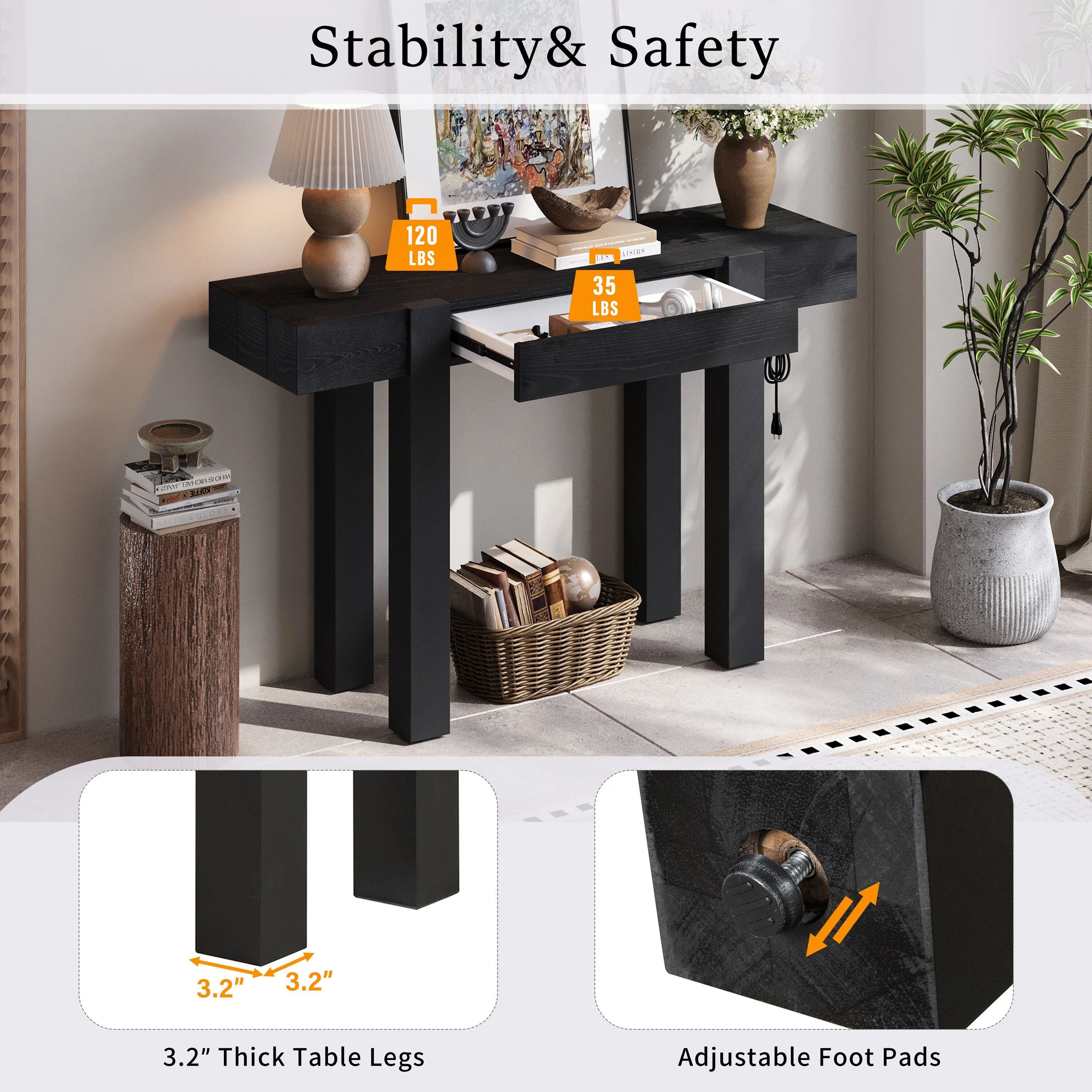 Euroco 47" Rustic Minimalist Console Table with Hidden Drawer & Side Power Outlet, Accent Entryway Table Sofa Table for Hallway Foyer Living Room,Black