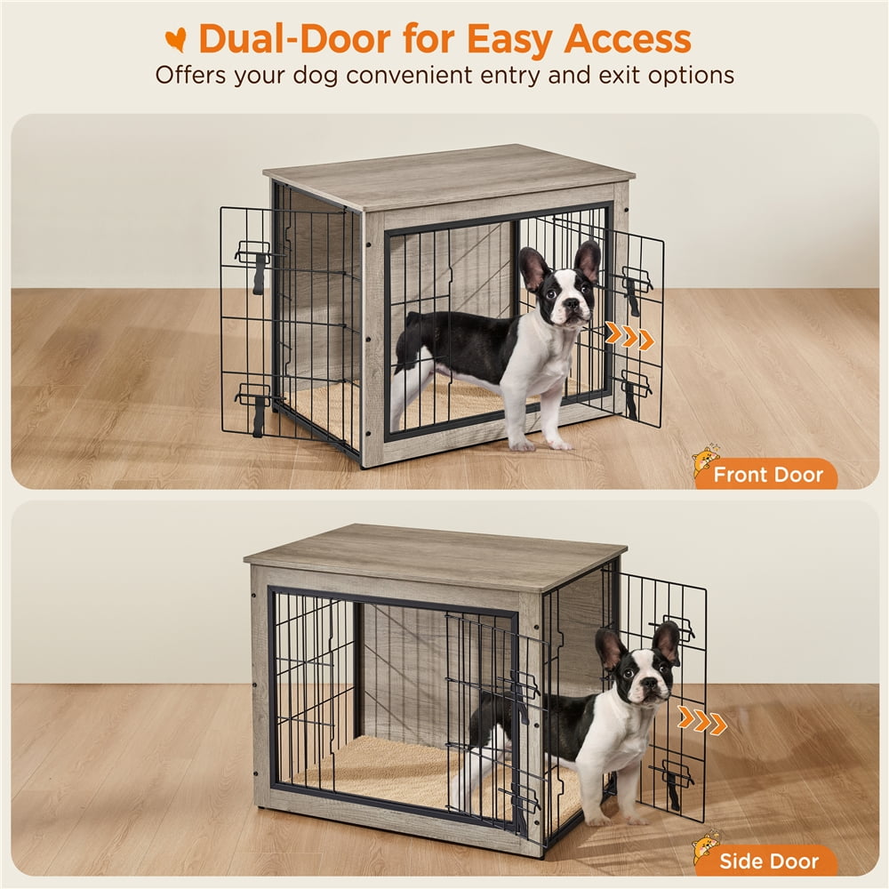 Yaheetech 31.7" W Rustic Wooden Dog Crate Furniture with Anti Skid Plush Mat, Gray