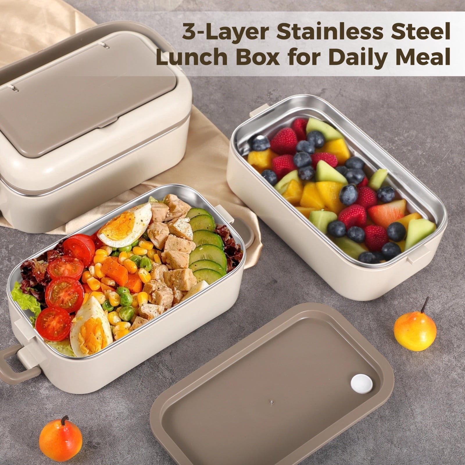 5.4L Stainless Steel 3-Layer Bento Box with Utensils & Handle - Leakproof Large Lunch Container for Work & Meal Prep, Microwave Safe