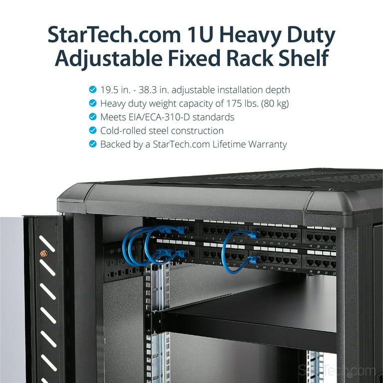 1U 4-Post Adjustable Vented Server Rack Mount Shelf - 330lbs(150 kg) - 19.5  to 38in Adjustable Mounting Depth Universal Tray for 19 AV/ Network